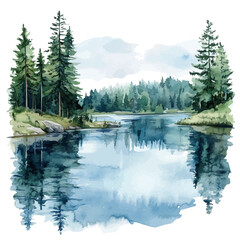 Calm Lake, watercolor vector, high quality, isolated on a white background.