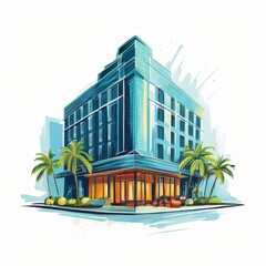 Hotel Building with Palm Trees in an Artistic Illustration an AI Image Generator,