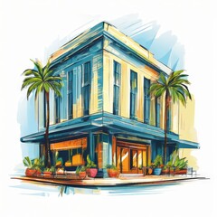 Hotel Building with Palm Trees in an Artistic Illustration an AI Image Generator,