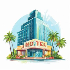 Hotel Building with Palm Trees in an Artistic Illustration an AI Image Generator,