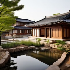 Fototapeta premium an AI Image Generator, Asian Architecture with Courtyard and Garden Landscaping