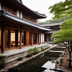 Naklejka premium an AI Image Generator, Asian Architecture with Courtyard and Garden Landscaping