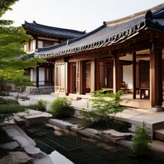 Naklejka premium an AI Image Generator, Asian Architecture with Courtyard and Garden Landscaping