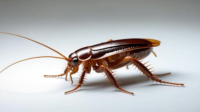 Detailed close-up of a brown cockroach showcasing its glossy exoskeleton, long antennae, and spiky legs, set against a soft gradient background highlighting its features.