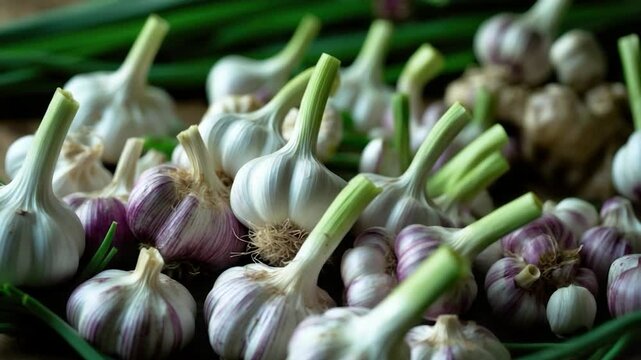 Fresh garlic bulbs with vibrant purple and white skins, surrounded by bright green chives, creating a rich and appealing harvest display.