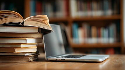 Open laptop and book compilation in classroom for e-learning online education and digital knowledge concept