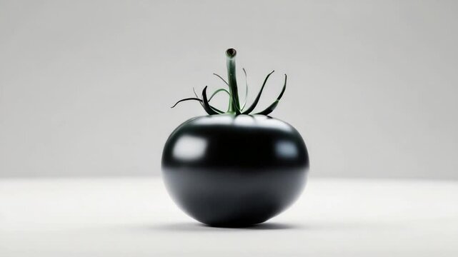 Shiny black tomato with vibrant green stem and tendrils resting on a simple light background, showcasing its glossy surface and unique color contrast, emphasizing modern aesthetics.