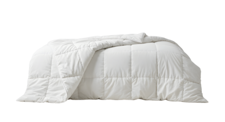 A cozy, white comforter draped elegantly over a neatly made bed in a serene bedroom setting, perfect for relaxation and comfort