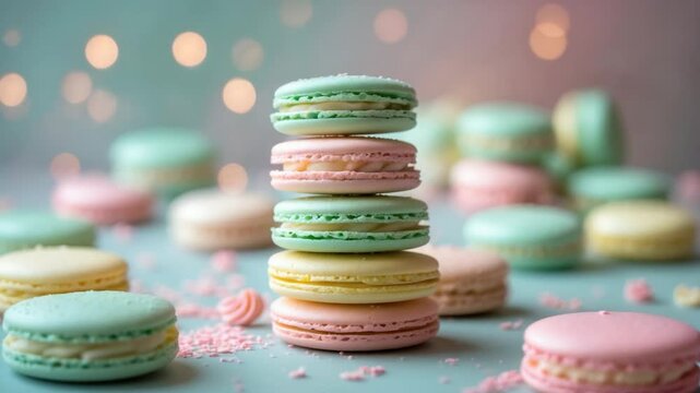 Colorful stack of pastel macarons in shades of mint green, pink, yellow, and cream on a soft blue background, surrounded by scattered sprinkles and a bokeh effect for a whimsical touch.