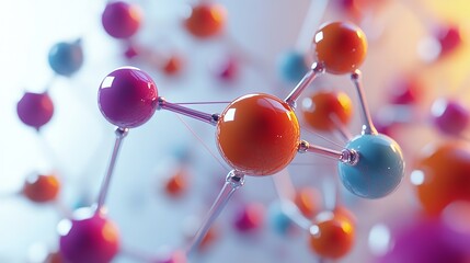 Vibrant visualization of colorful spheres representing molecular structures, showcasing beauty of combinatorial chemistry. dynamic arrangement creates sense of movement and energy