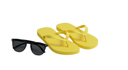 Isolated Photo of Yellow Flip Flops and Black Sunglasses Accessories