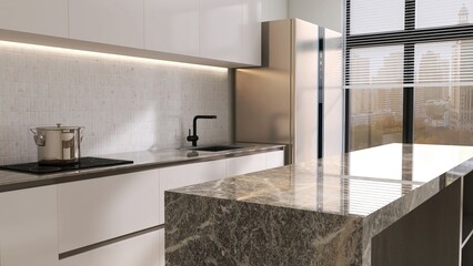 Gray marble kitchen island, counter with sink, white mosaic tile splash back, built in cupboard in...