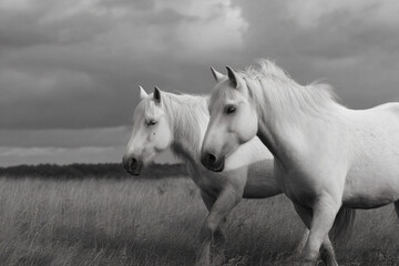 Obraz premium two white horses standing in a field of tall grass