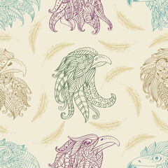 Seamless pattern with intricate eagle head and feather illustration