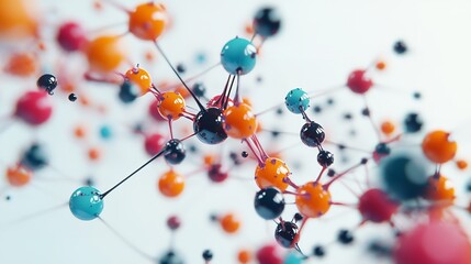 Vibrant visualization of colorful spheres representing molecular structures, showcasing beauty of combinatorial chemistry. dynamic arrangement creates sense of movement and energy