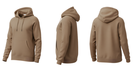 A stylish beige hoodie displayed from three angles on a transparent background, showcasing its design and fit for casual wear