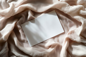 mockup of a a4 paper in a nice on a blanket or something nature sweet. Wedding like. shadow on paper. Empty white rectangle poster mockup. leaves shadows on neutral light grey. ai generative