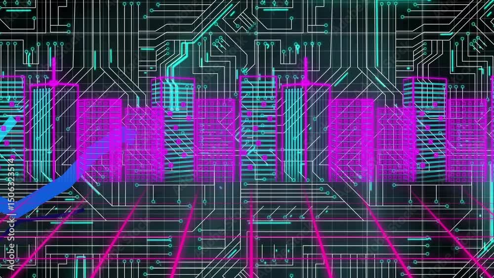 Poster after emerging left, cyan arrow tracing diagonal circuit while pulsing bars and showing data flow