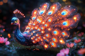 Luminous peacock in night garden