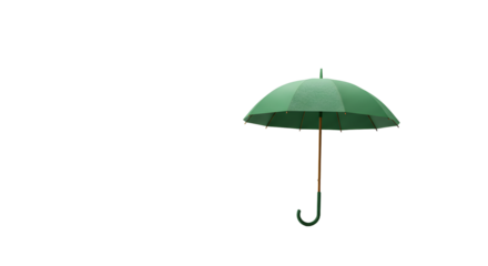 A vibrant green umbrella stands alone against a plain background, symbolizing protection and resilience in rainy weather