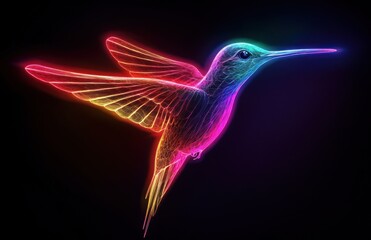 Colorful hummingbird in flight, abstract design, dark background