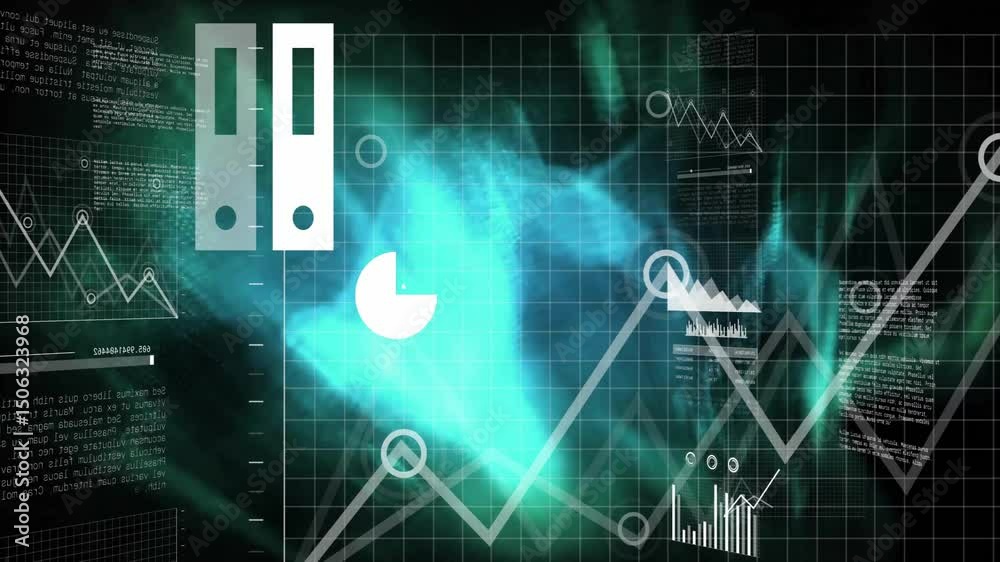 Aufkleber cloud icon appearing starting hexagon forming rotating with charts and nodes visualizing data flow