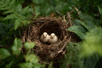 a bird nest with two baby birds in it