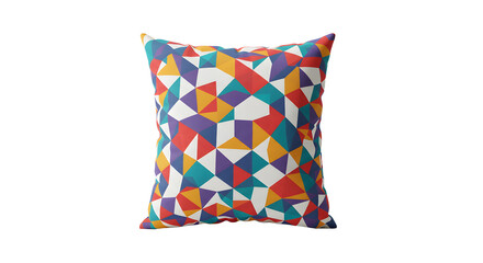 Colorful geometric patterned pillow on a plain background, showcasing vibrant shapes and textures for home decor inspiration