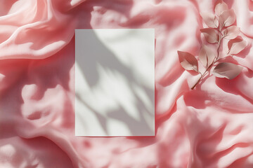 mockup of a a4 paper in a nice on a blanket or something nature sweet. Wedding like. shadow on paper. Empty white rectangle poster mockup. leaves shadows on neutral light grey. ai generative
