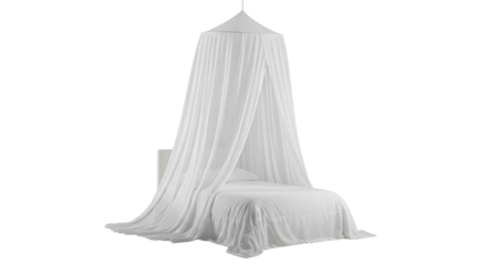 Elegant white canopy bed in a serene bedroom setting, showcasing soft textures and minimalistic decor, perfect for relaxation