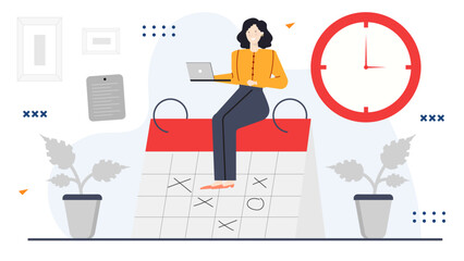 Woman sits on a calendar with a laptop and a clock, perfect for scheduling and time management concepts in modern society.
