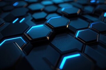 Abstract close-up of a dark blue hexagonal grid with glowing blue lines