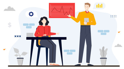 Man points to red graph as woman sits at desk. Perfect for presentations, business meetings, financial consultations, teamworkthemed designs.