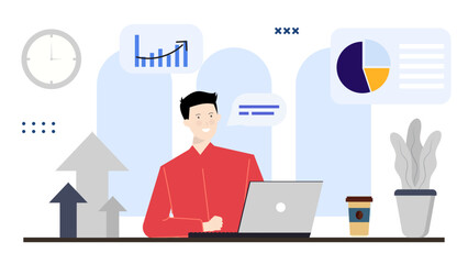 Man working on a laptop with charts and graphs; ideal for business presentations, financial reports, data analysis, technology concepts.