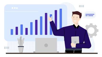 Man showing a bar chart on a screen, suitable for presentations, financial reports, data analysis, business meetings, market trends.