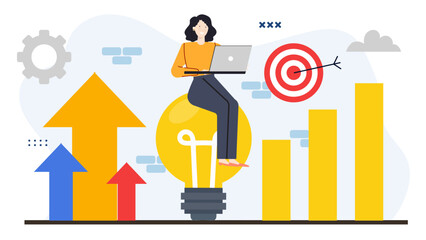 Woman sits on a light bulb with a laptop and target in the background. Ideal for business, success, innovation, and goalsetting concepts.