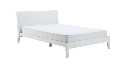 Modern minimalist white bed frame with a mattress, set in a bright room with soft natural light and a serene ambiance