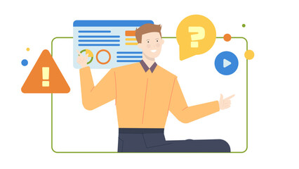 Man in a yellow shirt pointing at a chart. Suitable for business presentations, financial reports, market analysis, investment concepts.