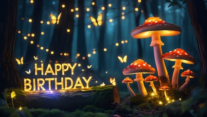 Whimsical forest scene birthday background with glowing mushrooms and festive decor