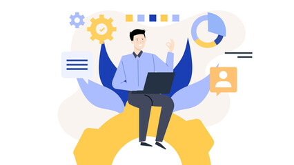 Man working on a laptop on a gear. Perfect for illustrating technology, innovation, engineering, and business concepts in presentations, articles, or websites.