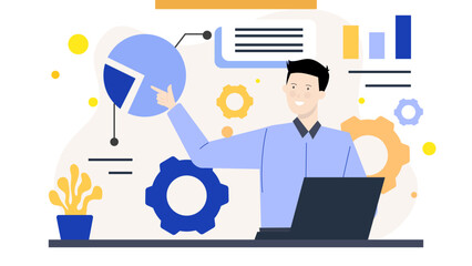 Man pointing at a pie chart, analyzing data at his desk. Suitable for presentations, business reports, financial analysis, and statistics.