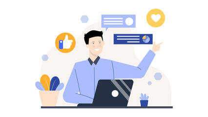 Man working on laptop at desk. Suitable for work, technology, freelance, remote work, business, modern lifestyle, home office concepts.