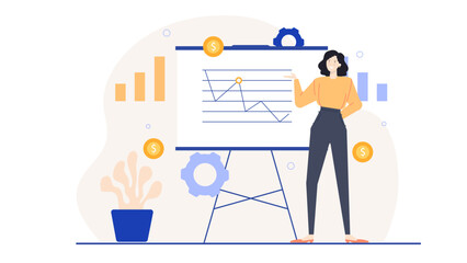 Woman presenting financial data on whiteboard suitable for business presentations, finance blogs, educational materials, online courses, and marketing content.