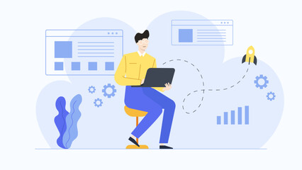 Man with glasses is sitting and working on a laptop, using technology, working remotely, browsing the internet, online communication, multitasking concept.