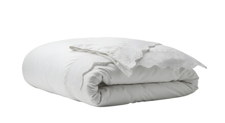 Soft white duvet folded neatly with delicate lace trim, set against a clean backdrop, ideal for cozy bedroom decor