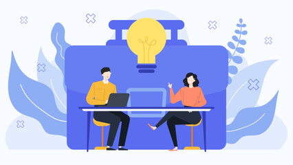 Creative brainstorming meeting with two people at a desk under a lightbulb. Suitable for business or idea generation concepts.