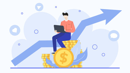 Man sitting on a stack of gold coins, using a laptop. Ideal for finance, cryptocurrency, investment, wealth management concepts.