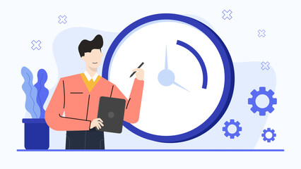 Man using a tablet, looking at a clock with gears. Suitable for technology, time management, productivity, and modern lifestyle concepts.