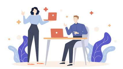 Two people working at a desk with laptops in an office setting. Perfect for remote work, collaboration, teamwork, technology concepts.