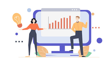 Man and woman presenting a bar graph, suitable for business presentations, financial reports, teamwork concepts, marketing materials, and diversity themes.